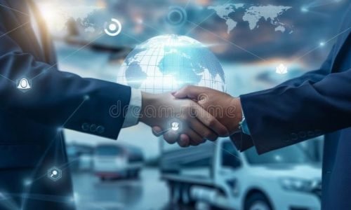Business Handshake with Global Logistics Network stock photography
